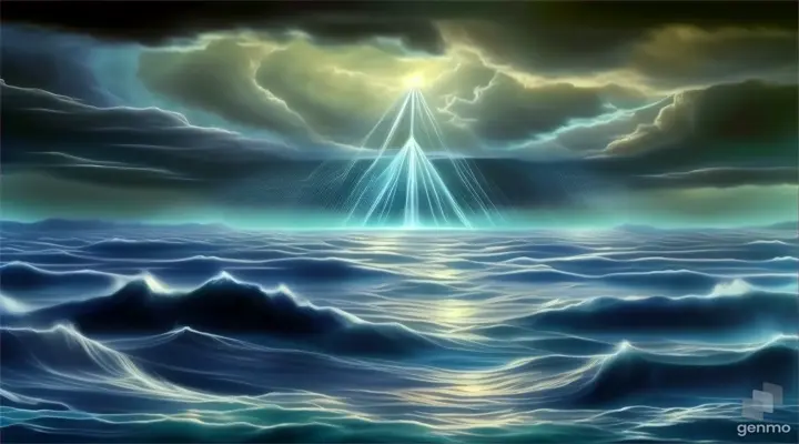 a painting of a large body of water in the middle of a storm