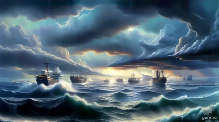 a painting of a ship in a stormy sea
