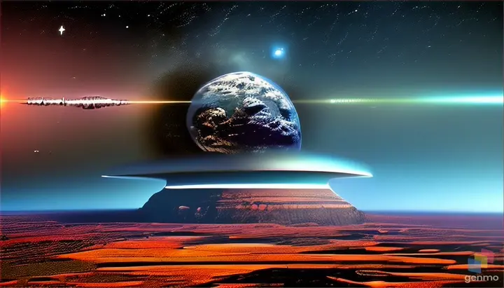 A panoramic view of the celestial kingdom of Nibiru, with its atmosphere deteriorating from environmental calamities