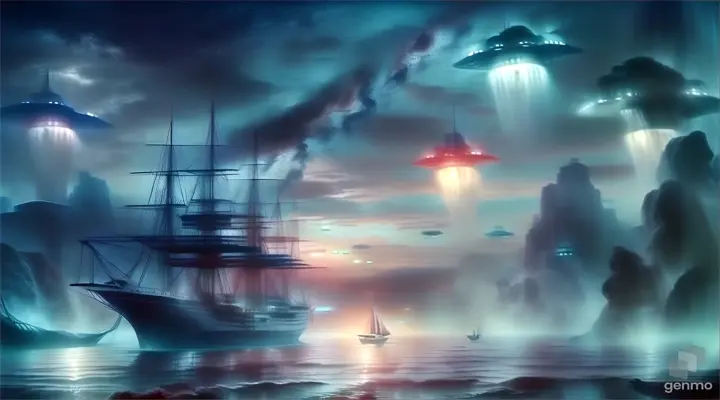 a painting of a ship in the middle of the ocean
