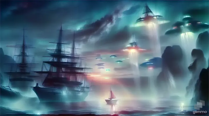 a painting of a ship in the middle of the ocean