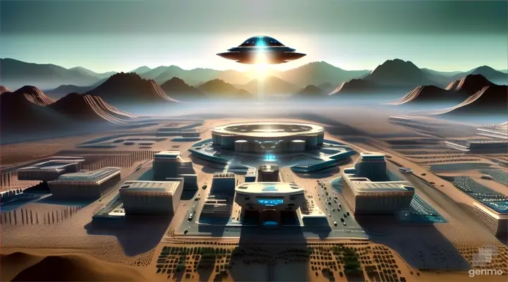 a futuristic city surrounded by mountains and desert