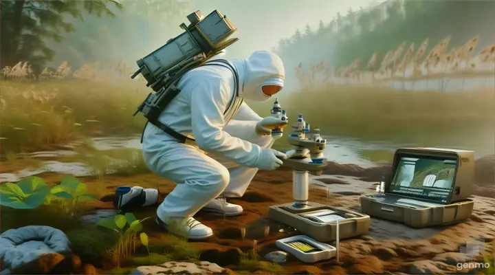 a man in a white suit is looking into a microscope