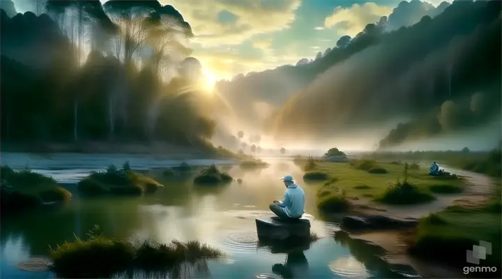 a person sitting on a rock in the middle of a river
