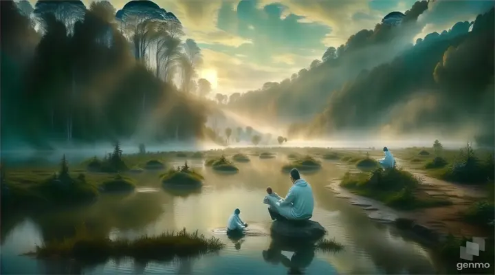a person sitting on a rock in the middle of a river