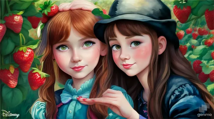 Cartoon 20 years old girl with very horrible witch in strawberry garden 