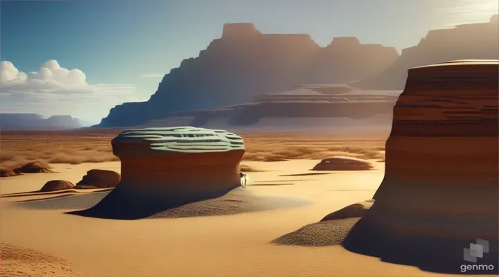 A scientist dressed in a standard white lab coat and a fully equipped explorer wearing outdoor hiking gear, carrying a large backpack, and holding a walking stick, are exploring together in a vast wilderness. This open area is strewn with strange fragments and relics, seemingly traces of an ancient civilization or remnants of an unknown event. The ground is rough and uneven, covered with sand, stones, and dried vegetation. In the background, the sky is clear but dotted with a few wispy clouds, adding a sense of vastness and mystery to the scene. The scientist is crouched down, carefully examining a piece of debris that appears significant, while the explorer probes the ground nearby with his walking stick, both intensely focused and filled with the passion of discovery.