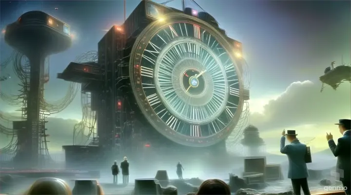 a group of people standing in front of a giant clock