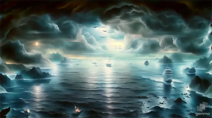a painting of a ship in the middle of the ocean