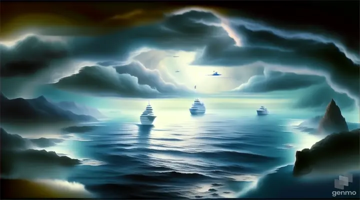 a painting of a ship in the middle of the ocean
