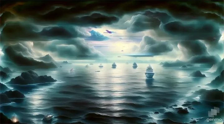 a painting of a ship in the middle of the ocean