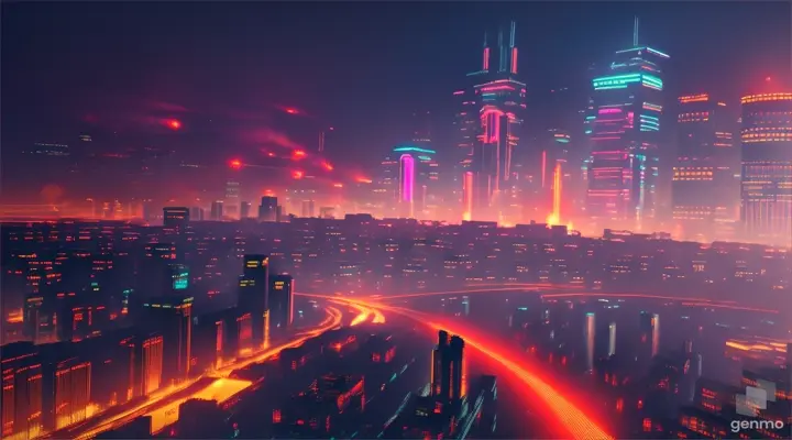 cyberpunk neon dark explosion bomba atomica en ciudad hiperrealista 4k