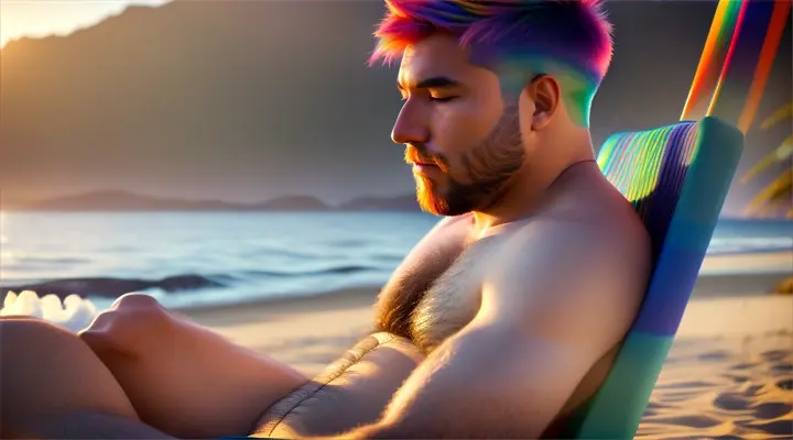 a man in the beach, rainbow hair, great bear, sitting on a beach chair, soft colors, smoking pot, 