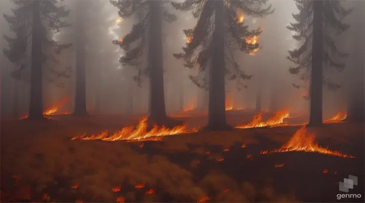 a bunch of orange trees on fire in the foggy forest. orange fire