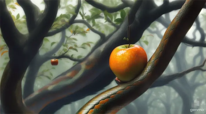 a unknown orange apple hanging from a tree from the garden of eden in the foggy forest with an unknown orange serpant