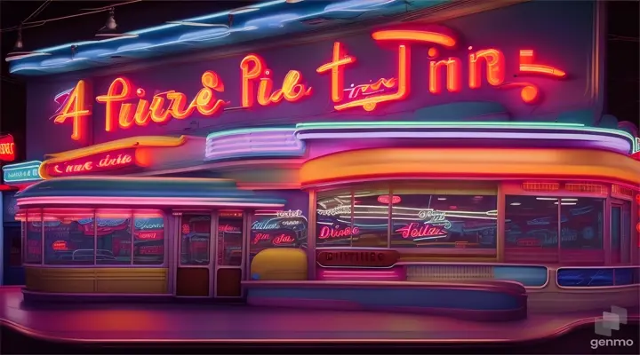 Retro diner at twilight, neon signage glowing, digital illustration in a 1950s style