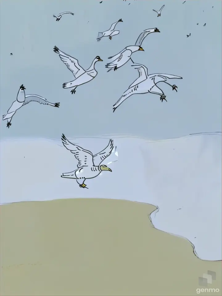 abstract geese drawing flying at the dramatic sky scene