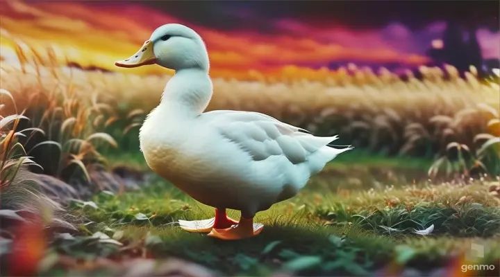 a white duck standing on top of a lush green field