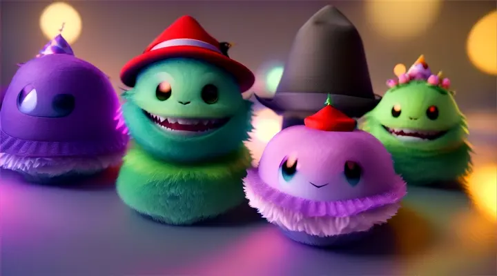 Style GIJINKA IN ZOON .THESE IMAGES CAPTURE THE ESSENCE OF THE 'FRIENDLY MONSTERS PARTY' THEME, WITH EACH MONSTER WEARING A HAT THAT REPRESENTS THEIR UNIQUE PERSONALITY AND TALENTS. THE DYNAMIC SLOW-MOTION SHOTS, 360-DEGREE ROTATING VIEW, AND 8K, 3D RENDERING BRING THESE IMAGES TO LIFE, MAKING THEM VISUALLY STUNNING AND ENGAGING.