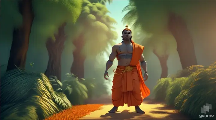 3d cartoon animation videos  the saint wearing orange color dhoti  shouting in the jungle 