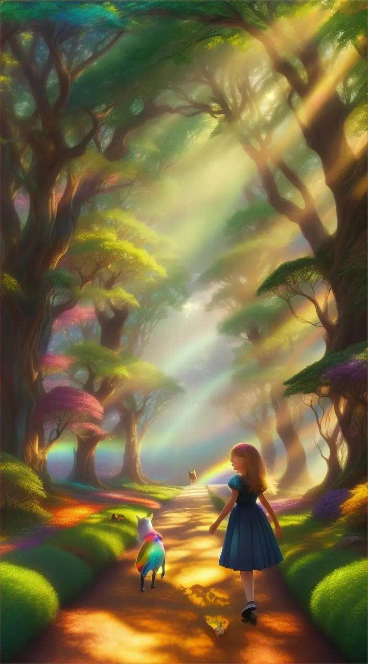  Illustrate Emma and her animal friends tiptoeing across the rainbow  their faces filled with awe and excitement, with rays of sunlight streaming through the trees, illuminating the path ahead.