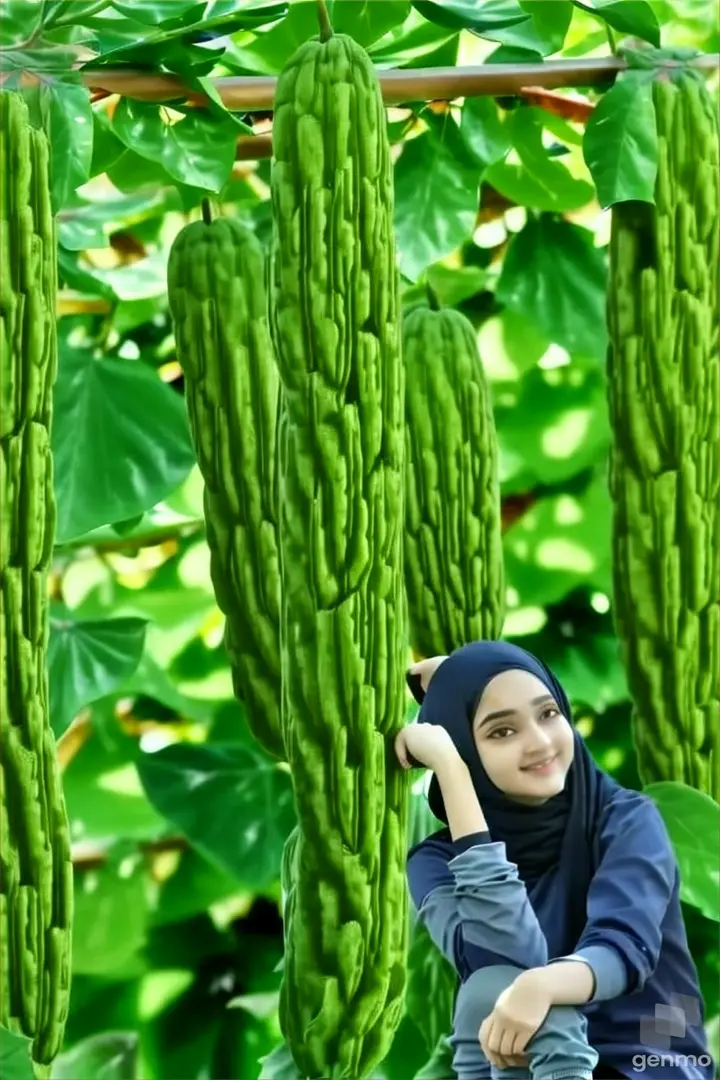 a woman sitting on a bench in front of a green plant