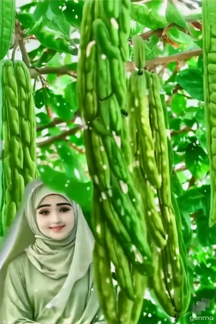 a woman in a headscarf standing next to a bunch of green beans