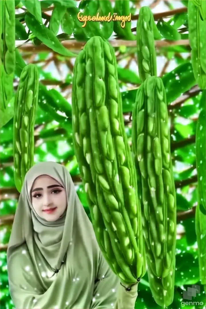 a woman in a headscarf standing next to a bunch of green beans
