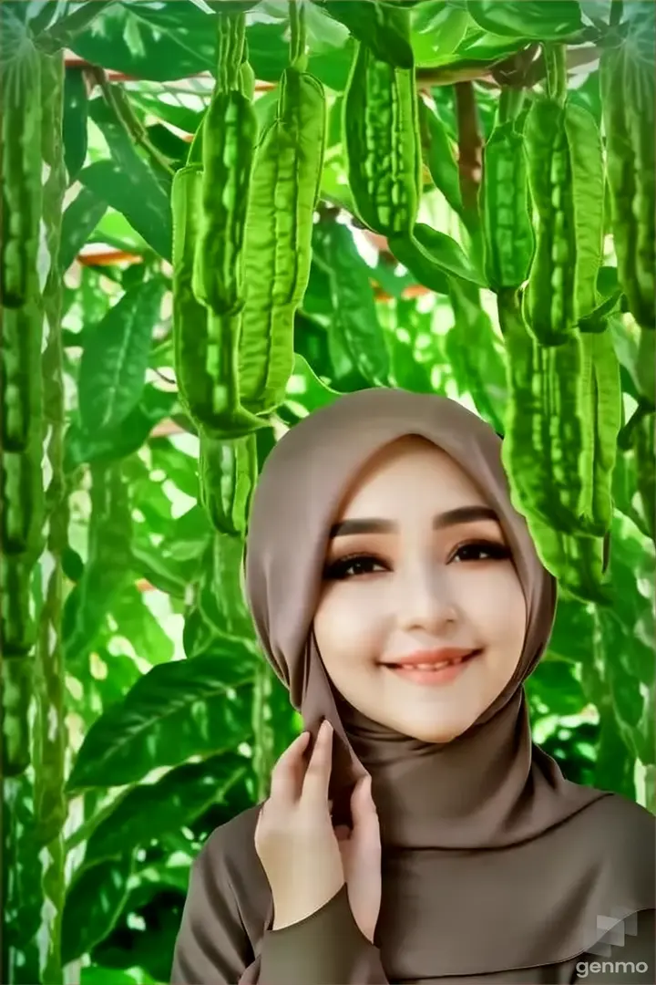 a woman wearing a hijab standing in front of green plants