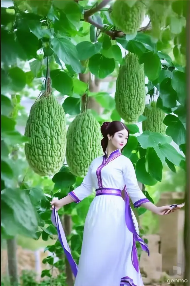 a woman in a white dress standing in a garden