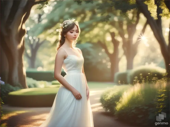 a woman in a white dress standing in a garden