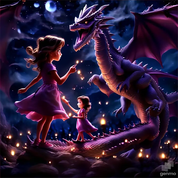 a little girl standing next to a dragon