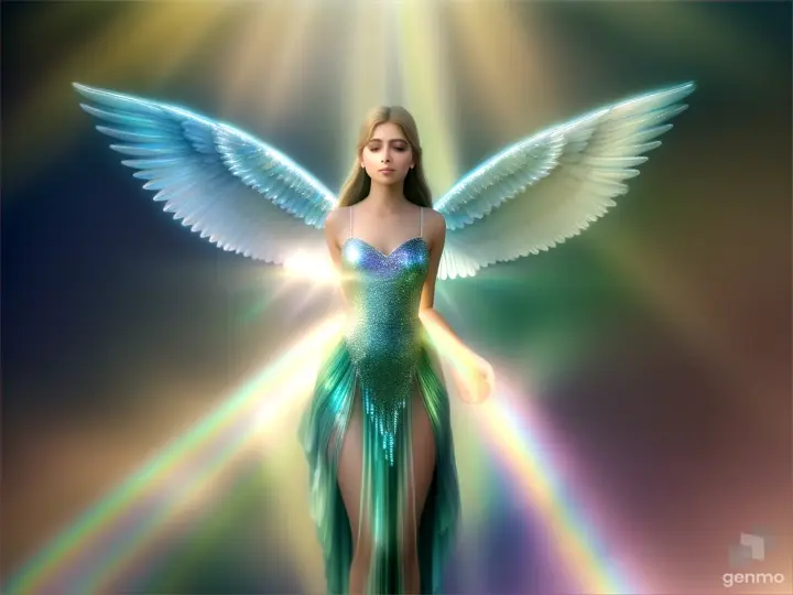 An angel with iridescent crystal wings gracefully flying near an ethereal waterfall