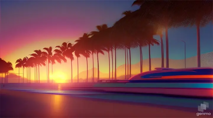 A retro-futuristic sunset beach scene alive with pulsating electronic music and palm trees