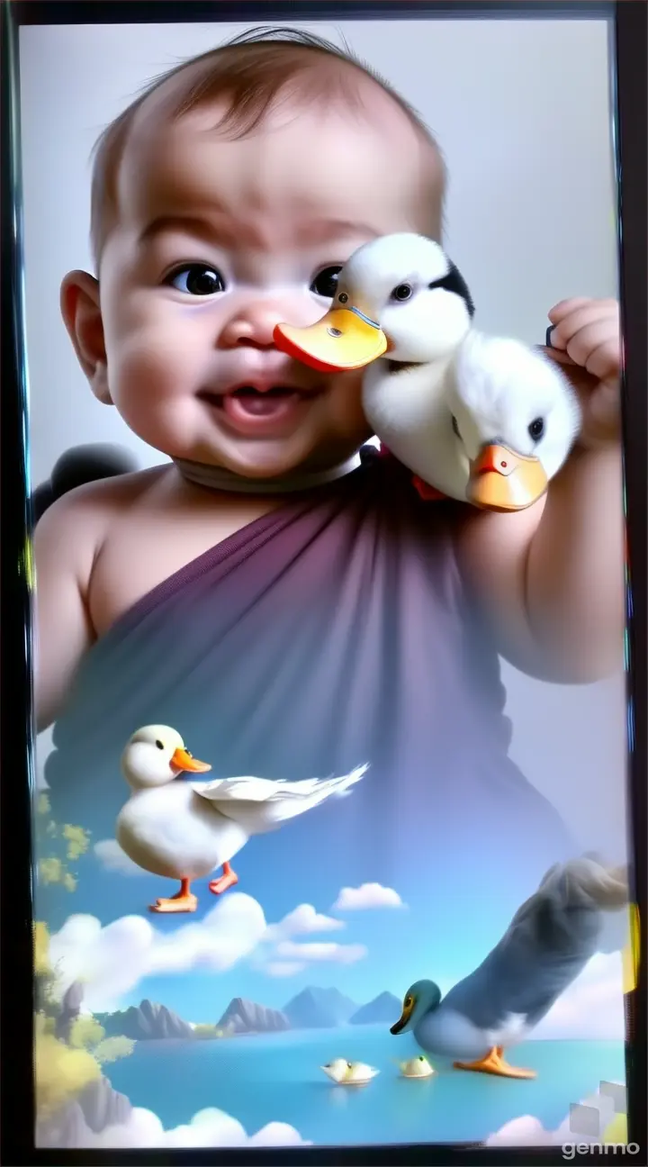a baby holding a remote control next to a duck