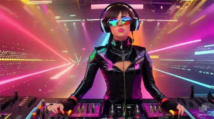 A female DJ in sunglasses, sparkling headphones and a latex jumpsuit with a large neckline plays techno music on a mixing console for a lot of people in the club. Laser beams of bright colors on the background of large television screens.