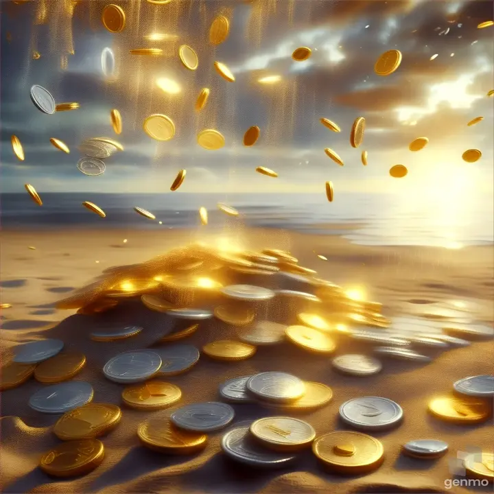 a bunch of coins flying in the air. gold and silver coins rain from the sky. On the ground in the sand there are many coins