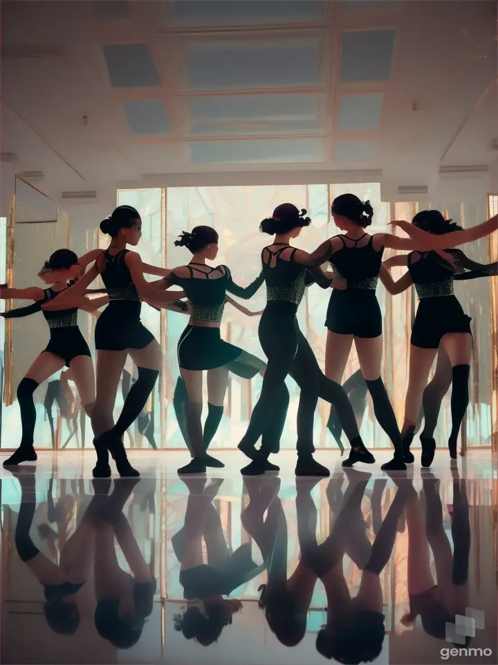 Dancers performing in front of a broken mirrored wall, reflecting a surreal, alternate reality