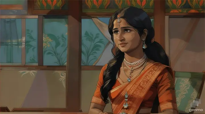 a woman in an orange sari sitting at a table