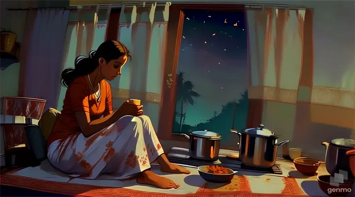 a woman sitting on a kitchen counter next to a pot of food