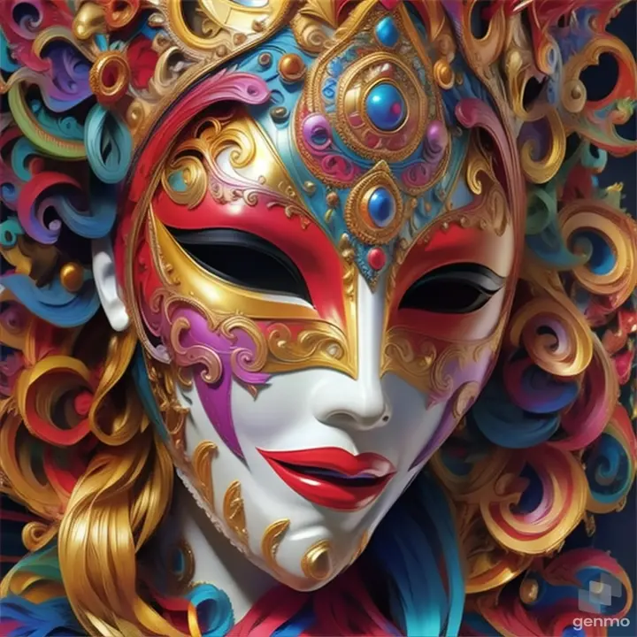 a woman wearing a colorful mask with long hair