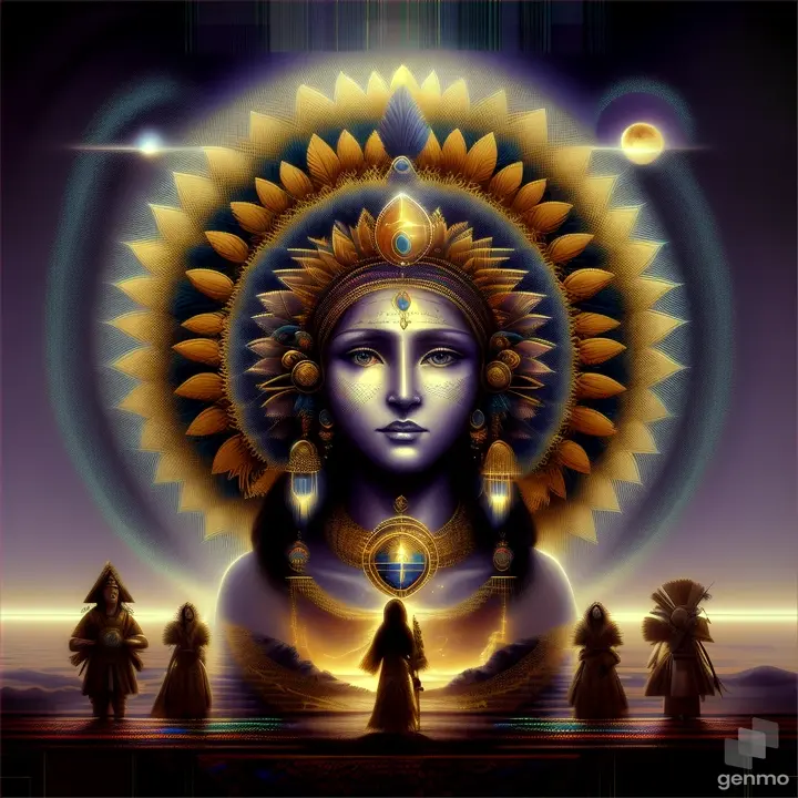 a painting of a woman with a golden headdress, the universe around her in fractals and such while a tribe of primitive men and women stand in awe of her