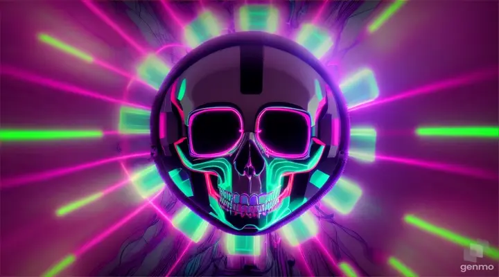 An augmented reality-style skull animation emerging from a retro-futuristic, neon tunnel