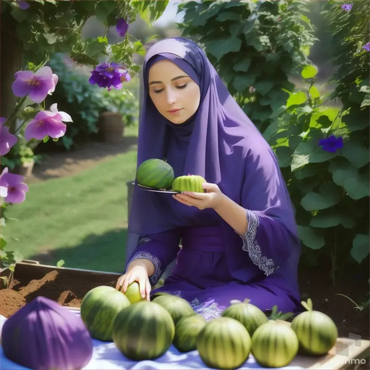 Wanita bule cantik memakai jilbab warna ungu sedang memetik buah pare di tengah kebun