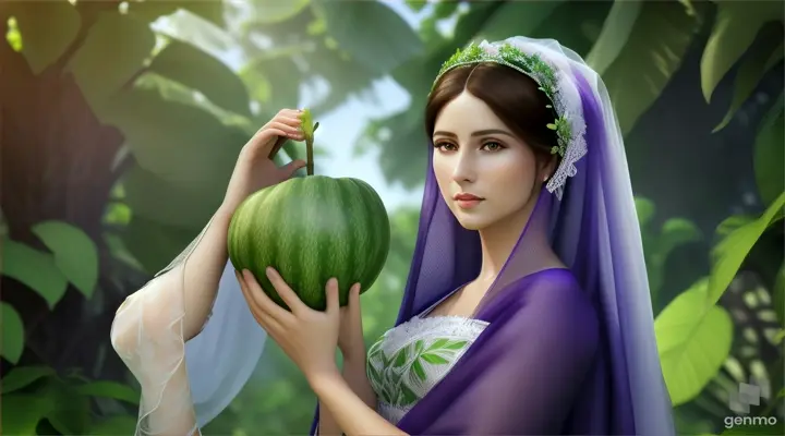Wanita bule cantik memakai jilbab warna ungu sedang memetik buah pare di tengah kebun