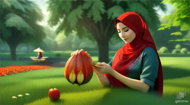 Wanita bule cantik memakai jilbab warna merah sedang memetik buah pare di tengah kebun