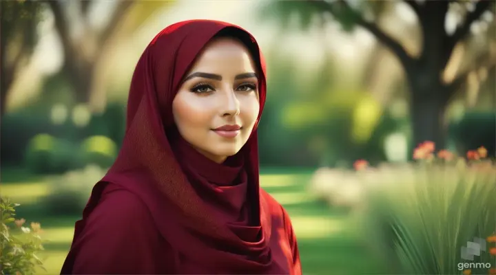 Wanita bule cantik memakai jilbab warna merah sedang berdiri di tengah kebun