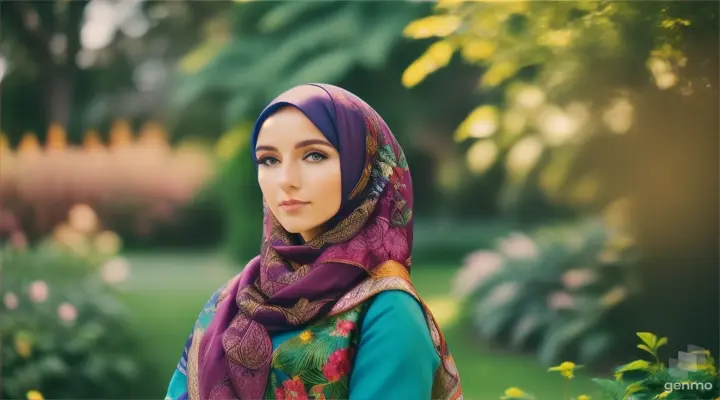 Wanita bule cantik memakai jilbab warna sedang berdiri di tengah kebun