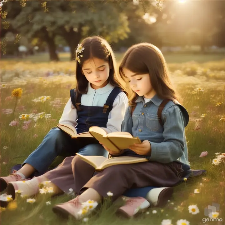 Two children reading Quran in a peaceful meadow filled with flowers