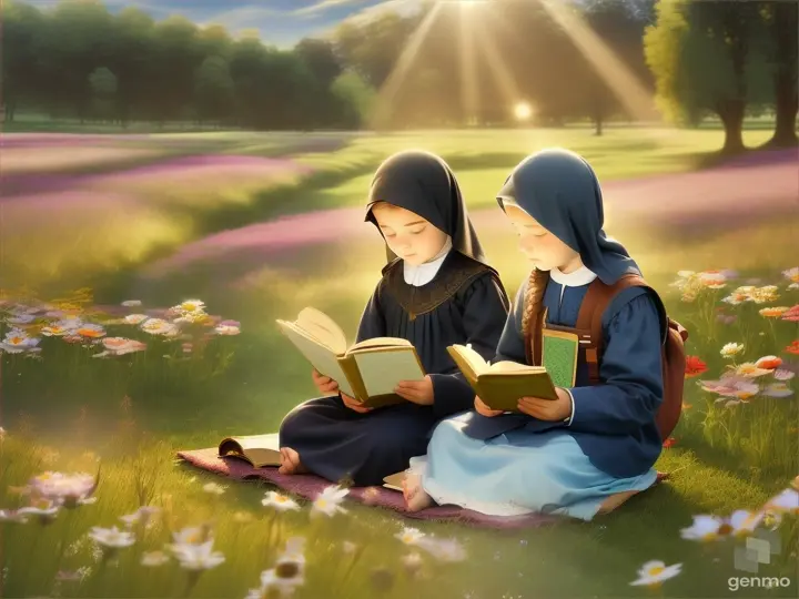 Two children kids reading Quran in a peaceful meadow filled with flowers